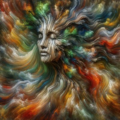The primary subject of the image is a woman's face, which is the main focus of the image. The setting is a colorful, abstract background that adds a vibrant and artistic touch to the scene. The visual style is a combination of digital art and illustration, creating a unique and eye-catching representation of the woman's face. The colors and mood of the image are predominantly warm and lively, with the woman's face being the central point of interest.